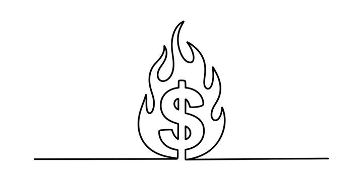 Continuous single line drawing of a dollar sign symbol burning with fire flames representing financial loss or rising inflation in a simple minimalist style