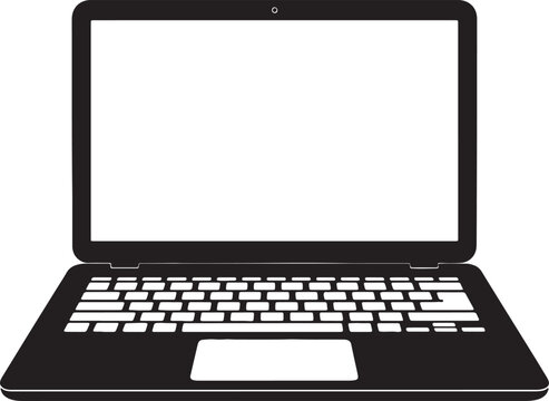 Black silhouette of an open laptop with a blank white screen and keyboard on a white background, also transparent background