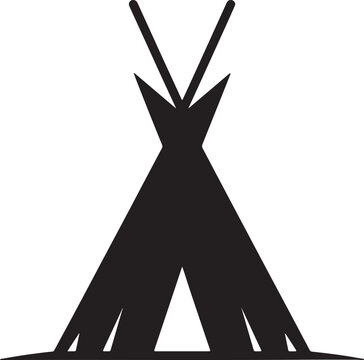 Black silhouette of a traditional teepee or wigwam with two poles extending upwards against a white background, also transparent background