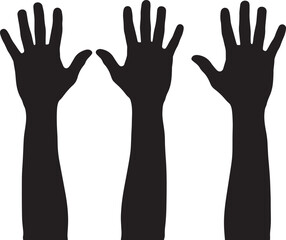 Obraz premium Three black silhouette arms and hands raised upward against a white background, also transparent background
