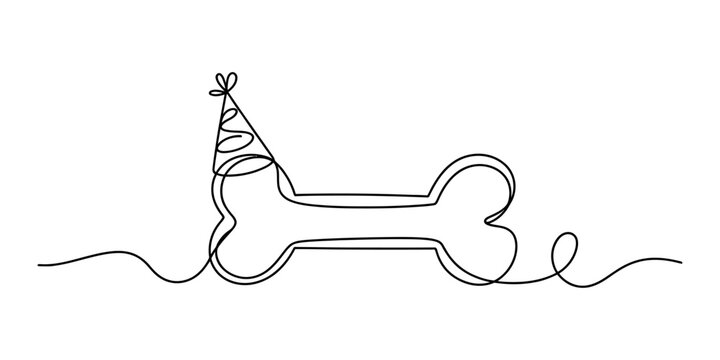 Dog bone treat with a festive party hat drawn in a continuous single line art style illustration for pet birthday celebration and happy animal concepts