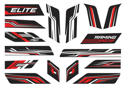 Set of motorcycle fairing decals with red, black, and white racing stripes and labels