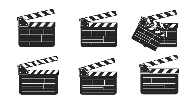 Movie production clapperboards shown in various open and closed positions for cinema industry concepts and video editing professional visual aids.