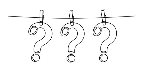 Three question marks hanging on a rope with wooden clothespins as a simple line art illustration representing uncertainty and thinking process for business © Raj Creator
