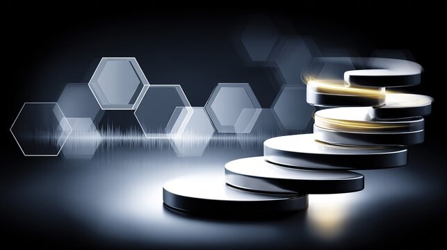 Abstract composition of hexagonal patterns and stacked circular platforms with glowing accents on a dark background