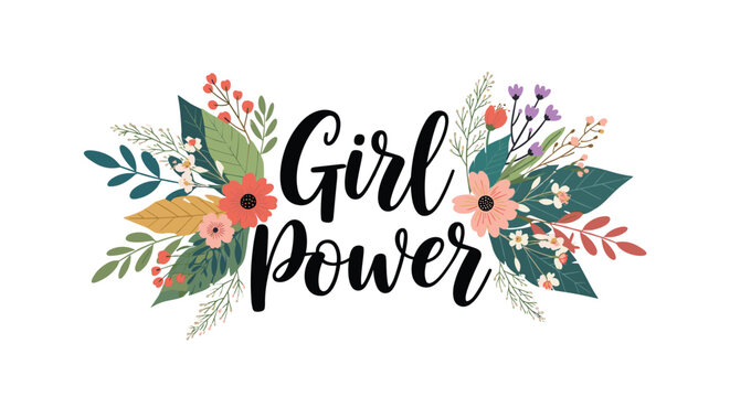 Empowering girl power quote featured in a beautiful floral frame with colorful blossoms, botanical leaves, and elegant black calligraphy.