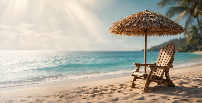 Invitation au voyage tropical &mdash; chaise en bois flott&eacute; et parasol en fibres de coco face &agrave; l&rsquo;oc&eacute;an, d&eacute;coration bord de mer luxe et nature avec espace vide pour texte