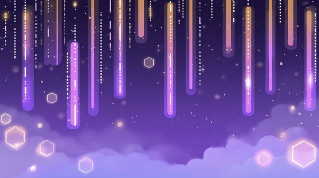 Abstract purple sky with glowing vertical lines and hexagonal shapes floating among clouds