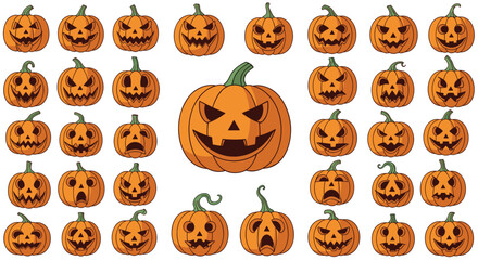 Obraz premium Huge variety of orange jack-o-lantern pumpkin faces showing different spooky expressions for Halloween holiday decorations.