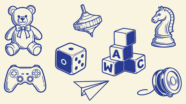 Illustration of childhood toys including teddy bear game controller dice and building blocks.