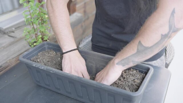 Male hands mixing and preparing fertile soil in a long plastic planter for gardening
