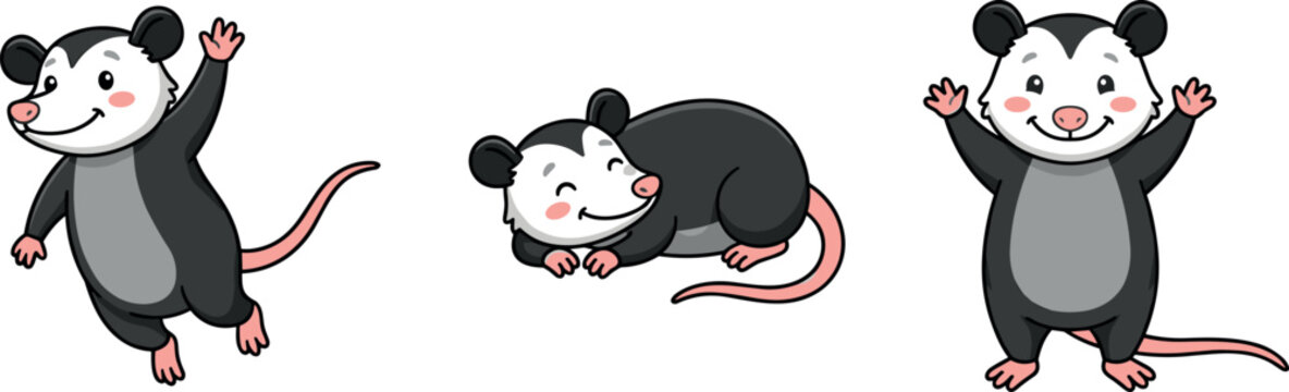 Cute Opossum Cartoon Character Collection Set with Funny Baby Possum in Different Poses Vector Illustration Isolated on Background