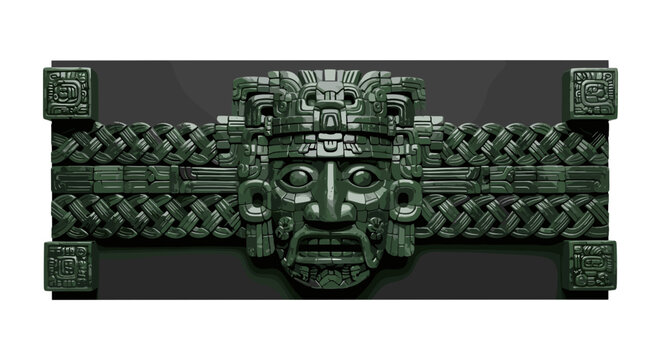 Ancient Mayan Stone Carving of a Deity Face.
