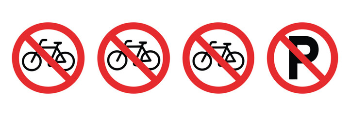 No parking vector signs featuring prohibited parking and no bicycle symbols in red circle warning style © MD MILON