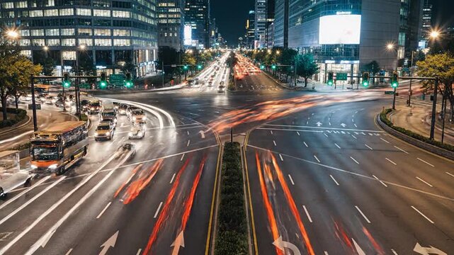 Captivating long exposure shot of a modern city intersection at night, depicting fast-paced urban life and dynamic traffic movement. Represents efficient transportation, smart city development, and...