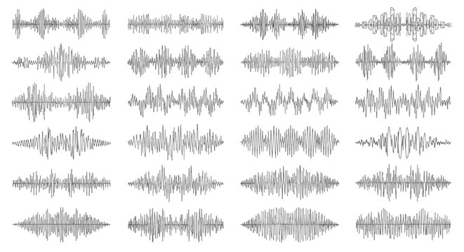 Collection of monochrome audio frequency spectrum waves and sound signals in various intensities for digital music projects.