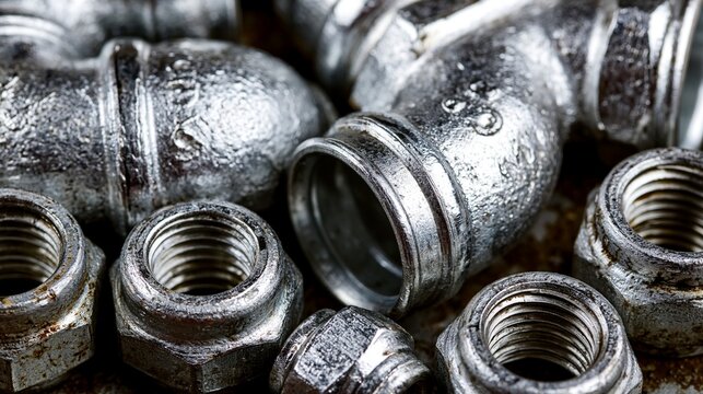 Closeup of rigid metal electrical conduit coupling hardware showcasing elbows couplings and locknuts designed for durable conduit connections in industrial installations.