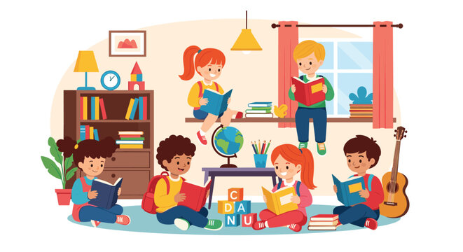 Children sitting in a cozy classroom or library filled with books, toys, and a guitar while reading stories.