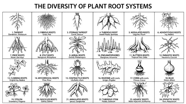 Root systems diversity illustration with labeled plant roots and diagrams featuring taproot, storage taproot, pneumatophores with rhizome and corm