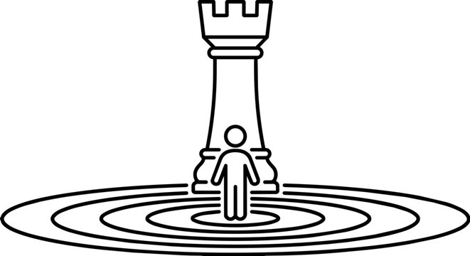 Minimalist stick figure standing in target center with chess rook line art