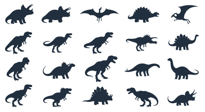 Selection of dark dinosaur silhouettes including various species like triceratops, t-rex, and pterodactyl for graphic use.