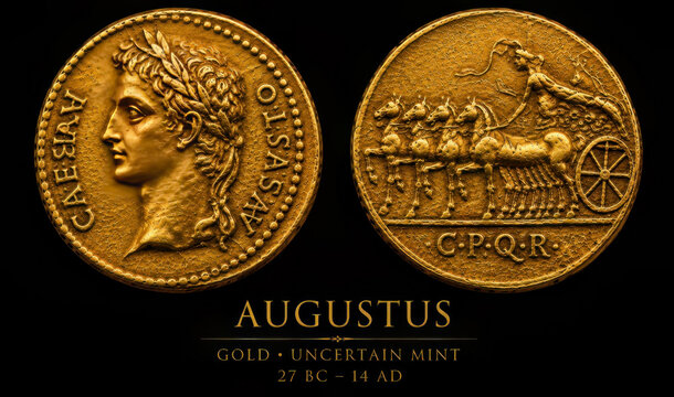 Ancient Roman gold coin of Augustus emperor with quadriga scene