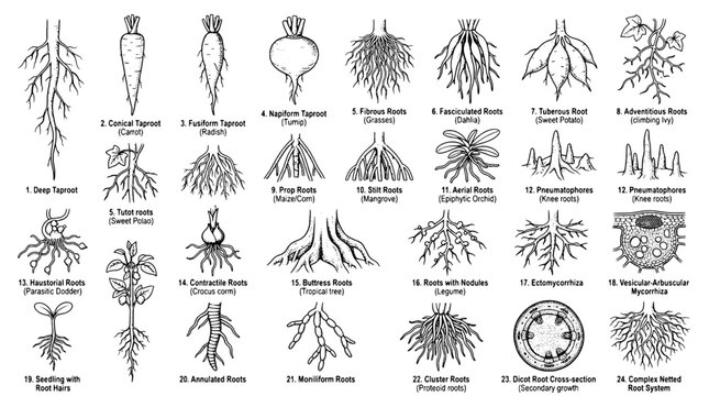 Roots botanical illustration set with various types and structures... featuring plants, taproot, pneumatophores with ectomycorrhiza and mycorrhiza