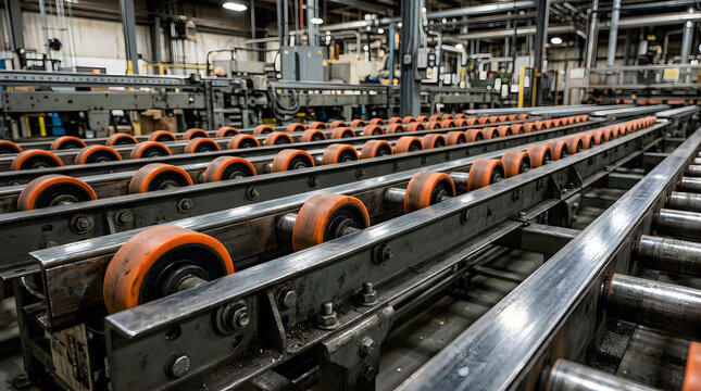 Industrial conveyor belt system with orange wheels in a factory setting