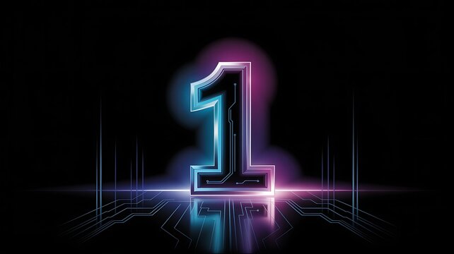 A luminous, stylized number 1 rendered in neon blue and pink light with a futuristic, circuit-board-like background, signifying a beginning or top ranking