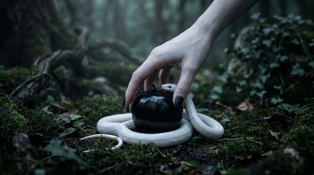 Mysterious hand reaching for dark apple with snake in forest