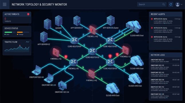 Cybersecurity experts monitor a premium topology network for threats and alerts.