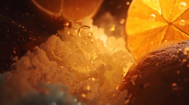 Abstract orange citrus fruit slice closeup with peel, juice, bubble foam, water droplets, liquid splash texture, fresh macro warm light
