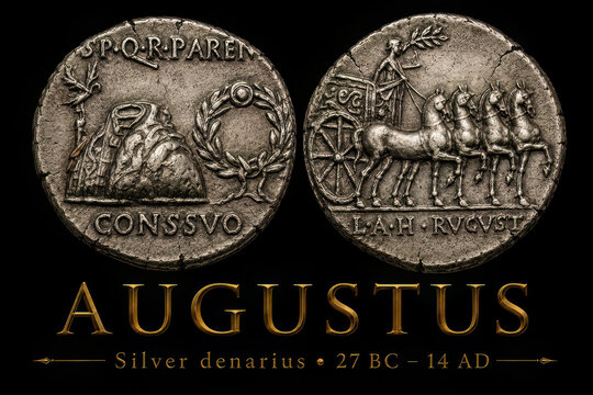 Ancient Roman silver denarius coins of Emperor Augustus from Rome