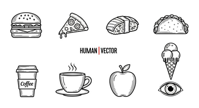 Vector illustrations of food and drink icons.