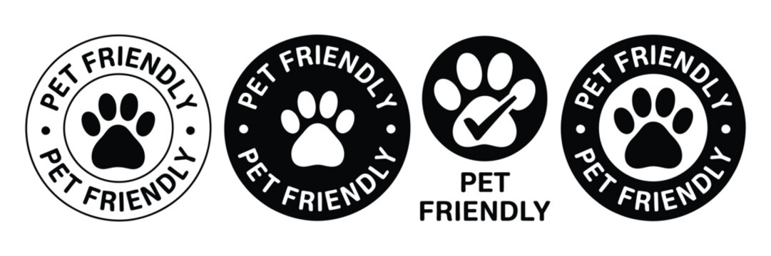 Pet friendly icon set featuring veterinarian approved symbols and dogs cats allowed signs in flat vector style