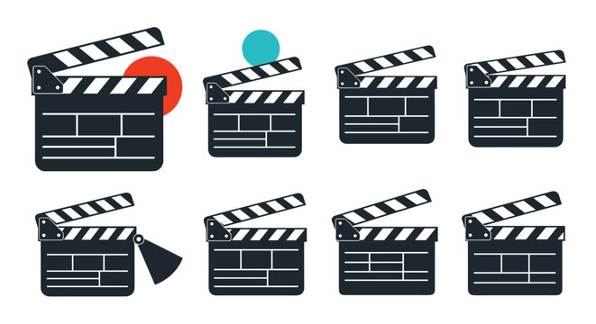 Set of different movie clapperboard styles and states serves as a symbol for film production and cinema industry and media creation.