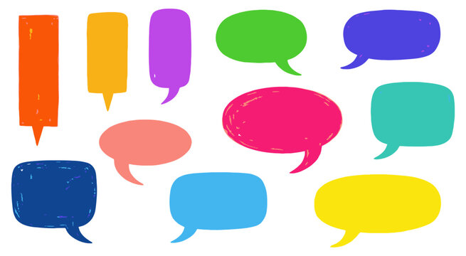 Set of colorful hand drawn speech bubbles isolated on white background for creative design projects and chat message icons