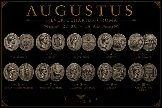 Ancient Roman silver denarius collection of Augustus emperor from Rome