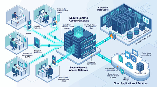 High-end secure remote access gateway connects people working at home offices.