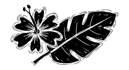 Hand-drawn black hibiscus flower and monstera leaf sketch © Labib
