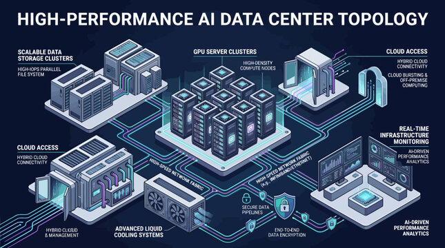 High-performance AI data center topology infographic shows scalable storage clusters and GPU servers
