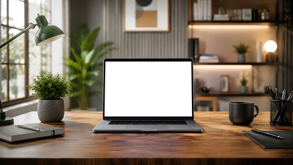 Fototapeta premium Modern Home Office Workspace with Blank Laptop Screen and Stylish Interior Desk Setup