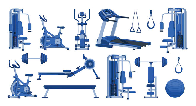 Complete set of fitness and gym equipment icons featuring treadmills, exercise bikes, rowing machines, weights, and benches in blue tones.