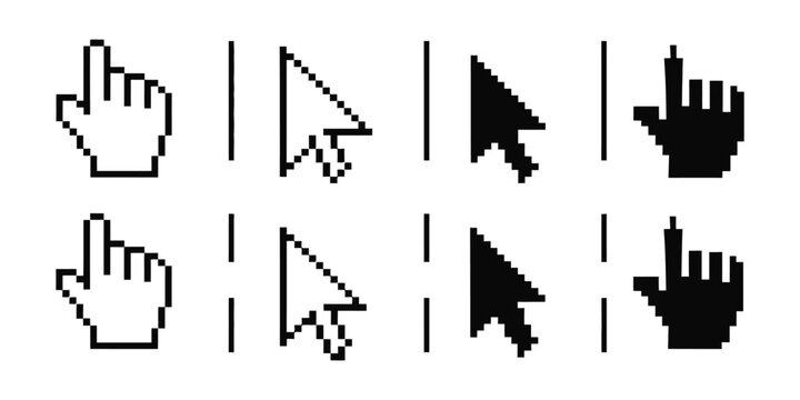 Arrow and Hand Cursor Icon Set, pixel and modern pointer symbols collection, vector illustration for web navigation, link interaction and button press UI design on transparent background.