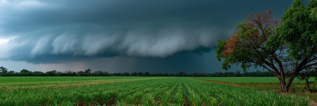 Dramatic shelf cloud storm over green field with lone tree for landscape background and banner design