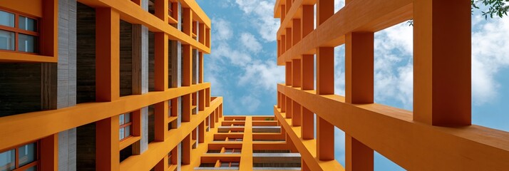 Naklejka premium Orange modern building facade with grid columns viewed upward for architectural background and dramatic perspective banner design