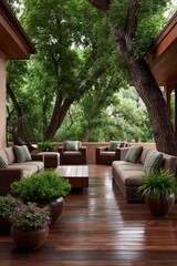 Fototapeta premium Outdoor wooden deck lounge with wicker sofas and lush trees for relaxation background and banner design
