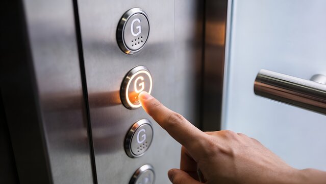 A close up photograph showing a human finger pressing the glowing button for the ground floor inside a modern stainless steel elevator control panel board interior.