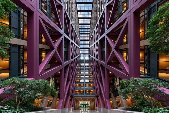Interior atrium with purple steel cross bracing and indoor trees for architectural background and lobby banner design
