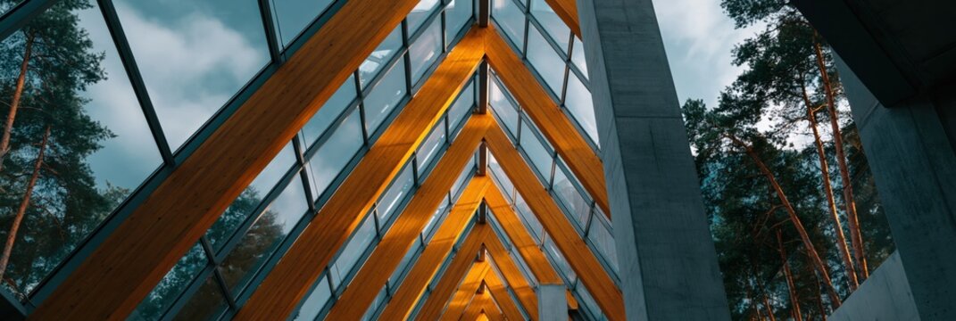 Contemporary architectural atrium with timber truss and glass skylight for interior background and banner design